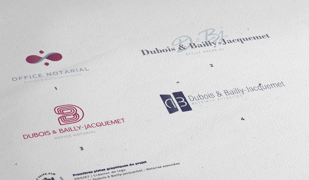 visuel des différentes propositions de logos pour Dubois et Bailly-Jacquemet réalisées par Laurent Agier, en agence de communication