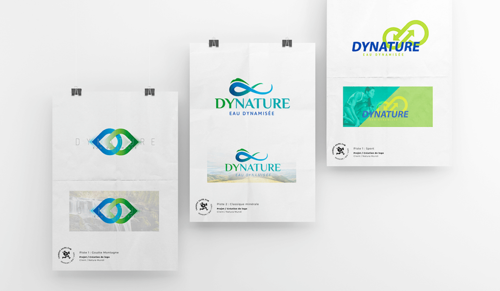 visuel des différentes propositions du logo « Dynature » pour la marque Natura Mundi réalisées par Laurent Agier, agence de communication à Toulon