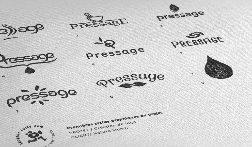 visuel des différentes propositions du logo « Pressage » de la marque Natura Mundi, réalisées par Laurent Agier, agence de communication à Toulon