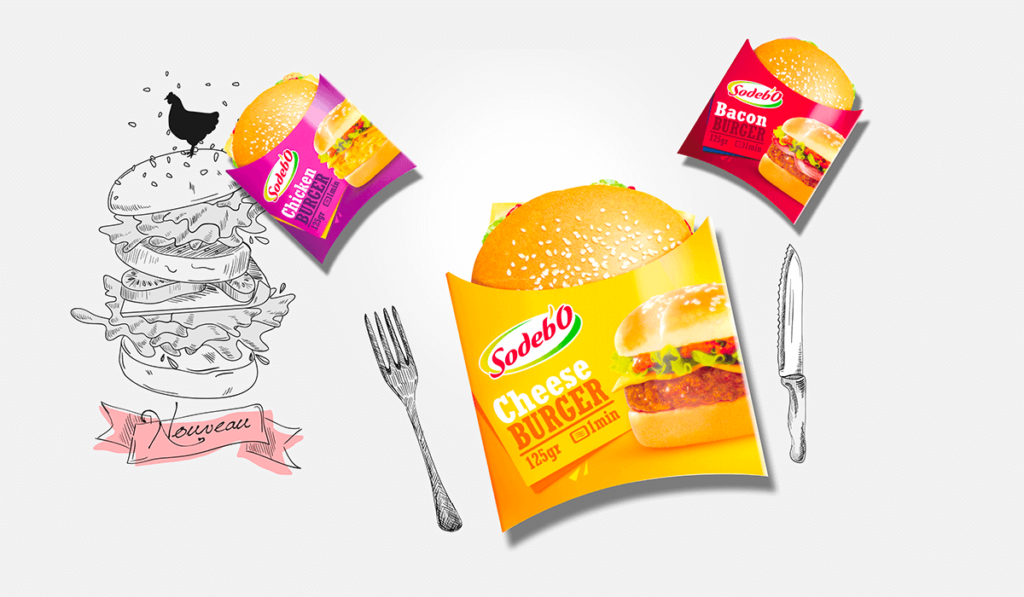 visuel de packagings alimentaire pour des burgers Sodebo, réalisés par Laurent Agier, agence de communication à Toulon